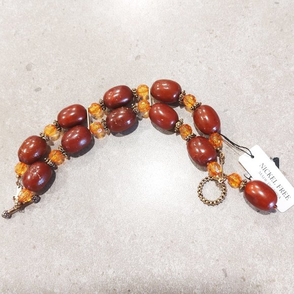 VINTAGE Women's Brown Wood/Plastic Beads w/Brass Separators & Larait Closure - Picture 1 of 13